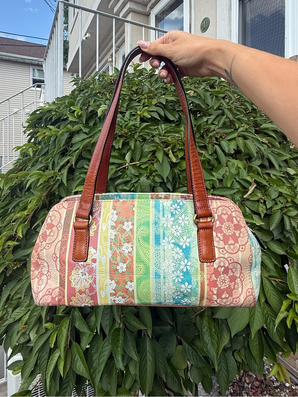 Vintage Fossil Patchwork Floral Leather Bag Y2K Boho Rainbow Multicolor Print